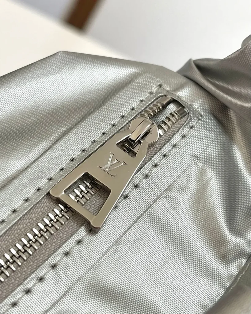Silver-to-Black Monogram Flower-Charm Tote — interior zip view