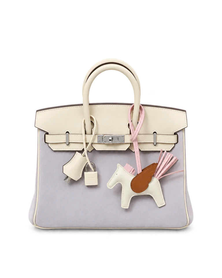 Upright front view of a lilac and ivory top-handle bag with a horse charm, hanging key cover and padlock