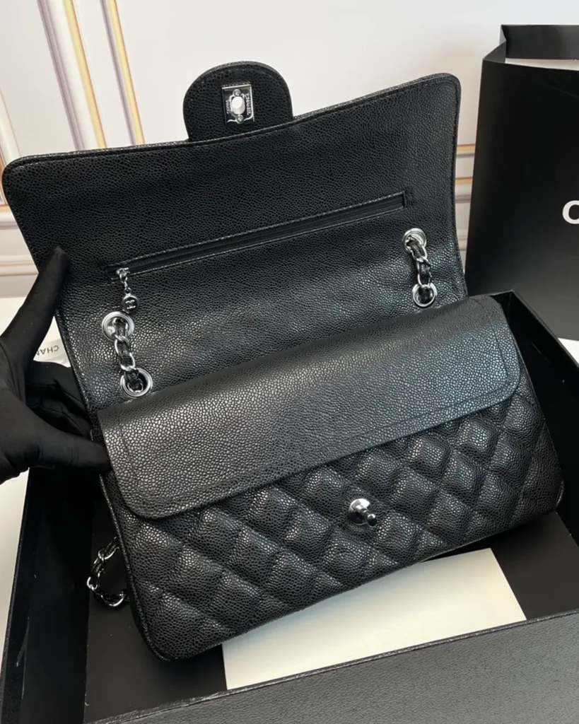 Black Quilted Silver-Tone Chain Flap Bag — open flap view