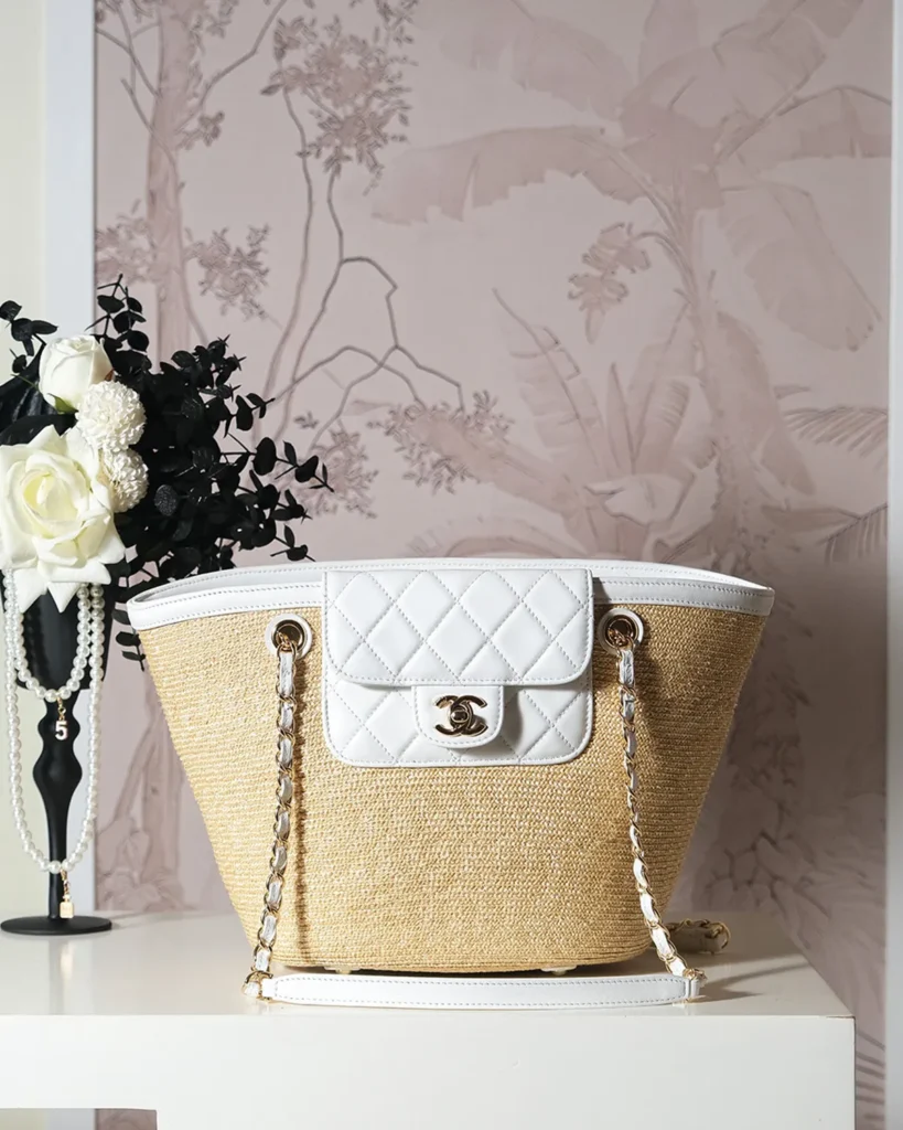 Natural-Tone Woven-Look White-Trim Tote — front view