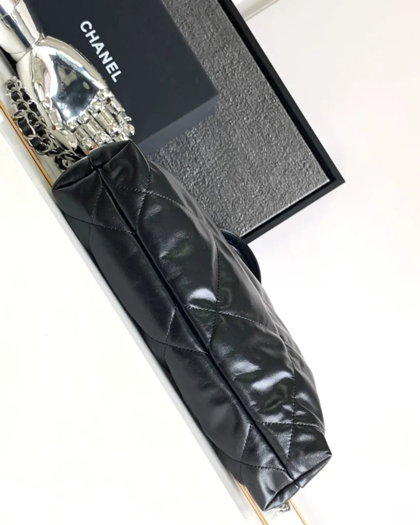 Glossy Black Quilted Gathered Tote — base view