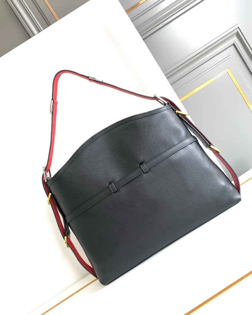 Black Red-Strap Buckle Shoulder Bag — rear