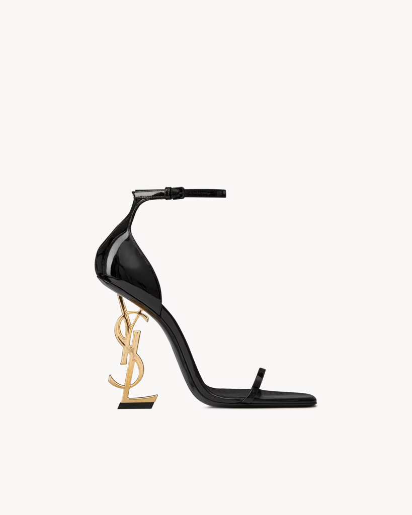 Black Patent-Style Sandals with Gold-Tone Cassandre-Style Heel