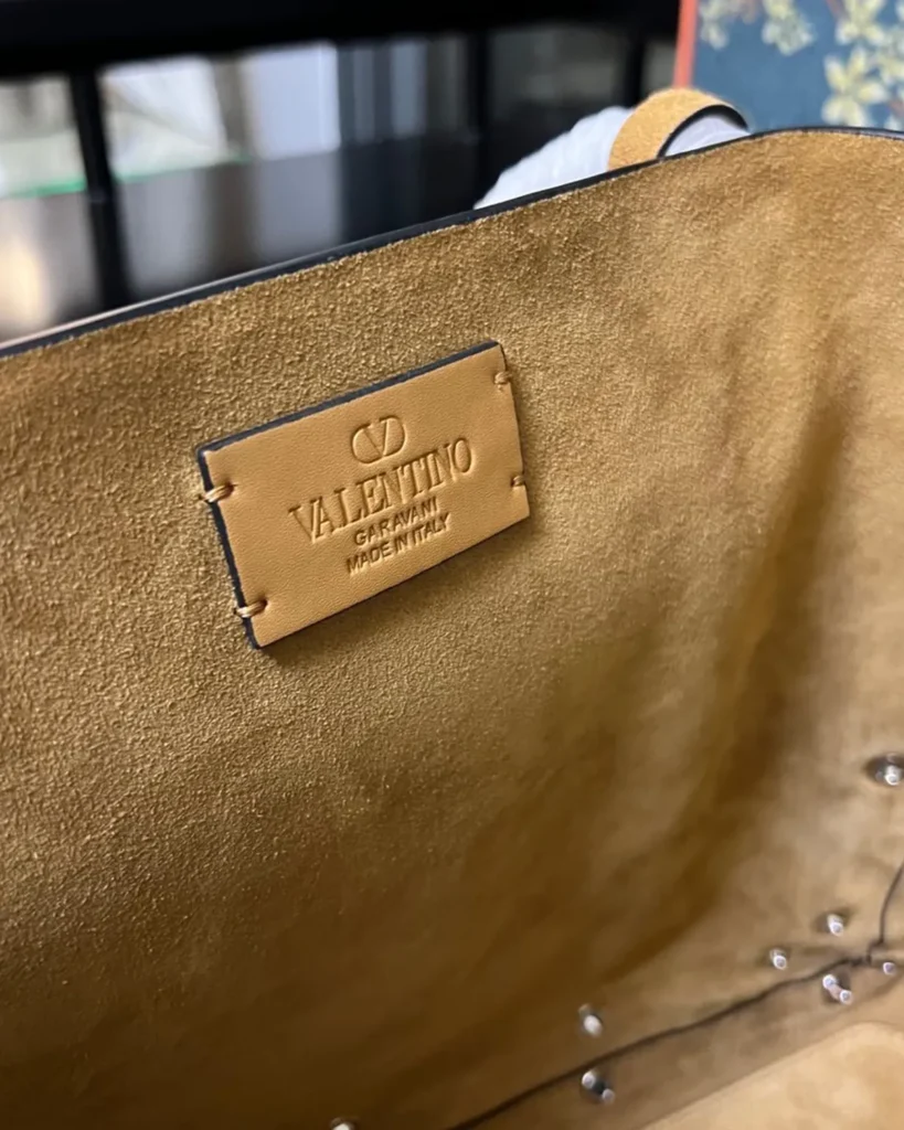 Brown Studded Long-Handle Tote — interior label view