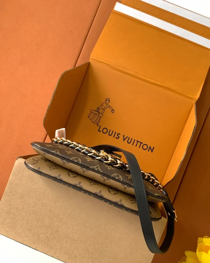 Brown Monogram Curved Shoulder Bag with Chain — base view