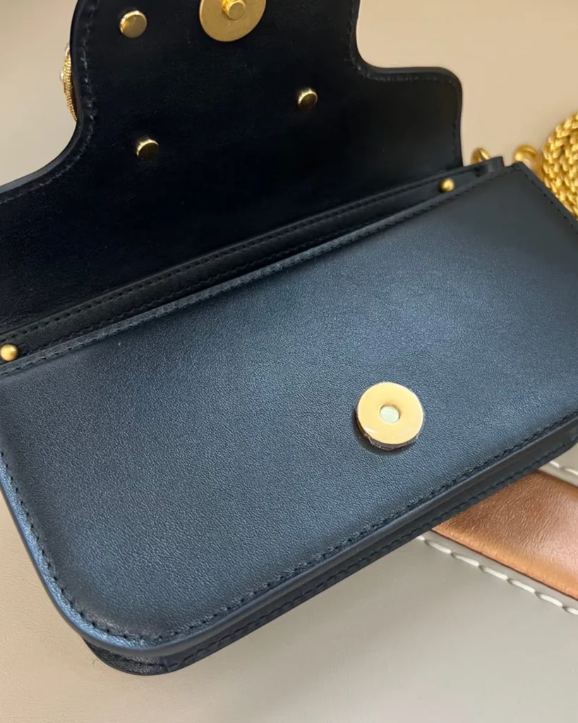 Black Stone-Detail Flap Shoulder Bag — open flap view