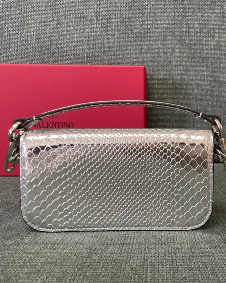 Silver Scale-Pattern Top-Handle Flap Bag — rear view