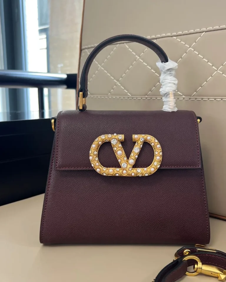 Burgundy Pearl-Effect Emblem Top-Handle Bag — front view