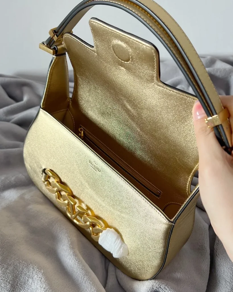 Metallic Gold-Tone Chain-Detail Shoulder Bag — open flap view