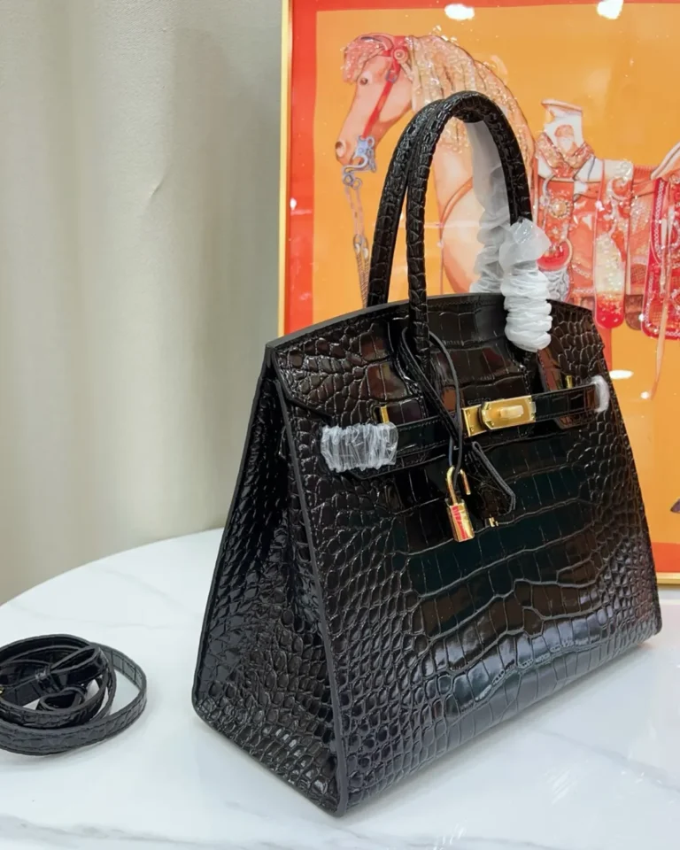 Black Glossy Scale-Texture Top-Handle Bag — three quarter view