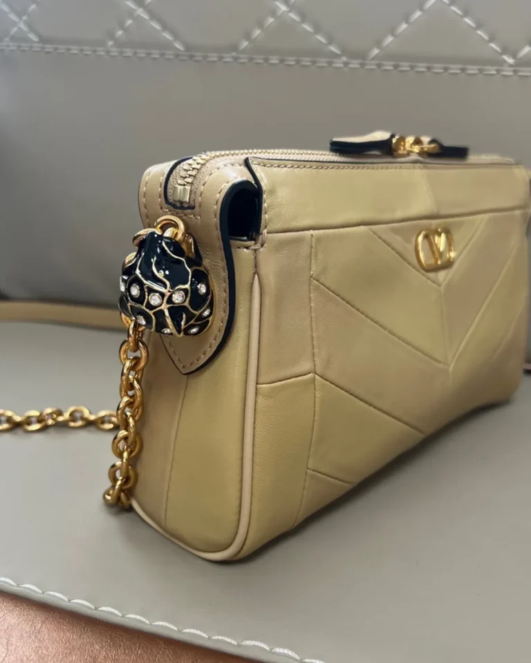 Beige Chevron Zip-Top Chain Bag — side view