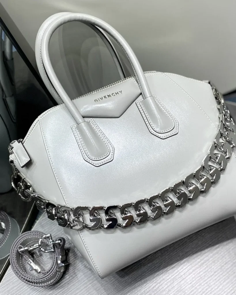 Pale Grey Architectural Top Handle Bag — front chain view
