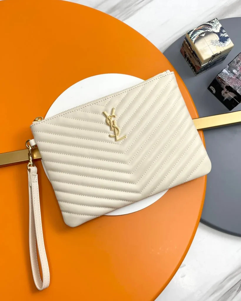 Ivory Chevron Zip Wristlet Pouch — front view