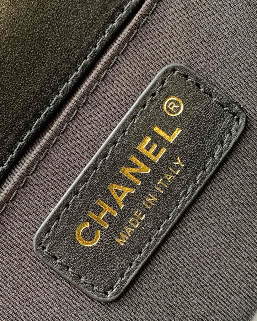 Black Quilted Frame Flap Chain Bag — interior label view