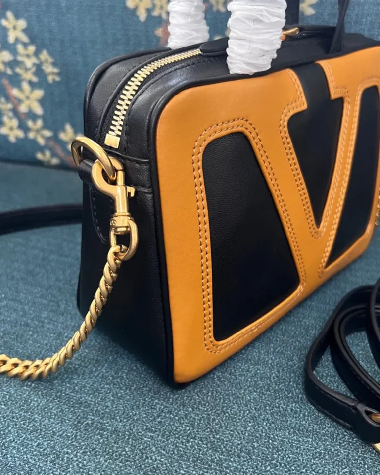 Black and Tan V-Panel Zip Top-Handle Bag — side view