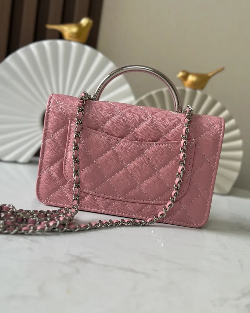 Rose Pink Quilted Top-Handle Chain Wallet — rear view