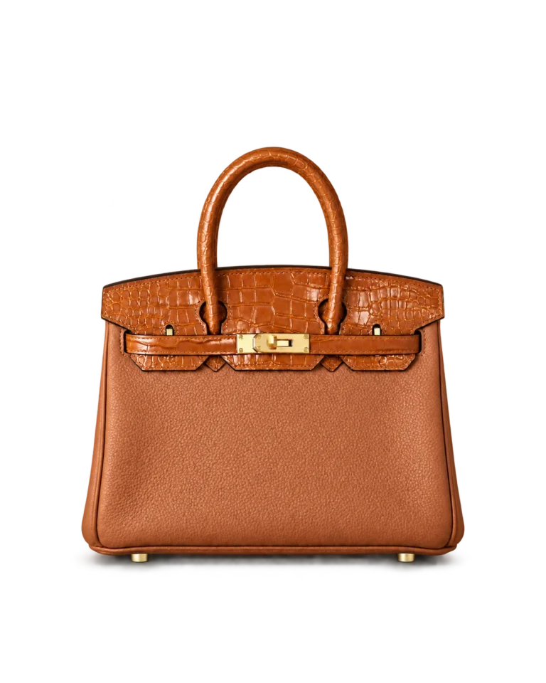 Birkin-Inspired 25 Gold Tan Mixed-Texture Tote, upright front with gold-tone hardware