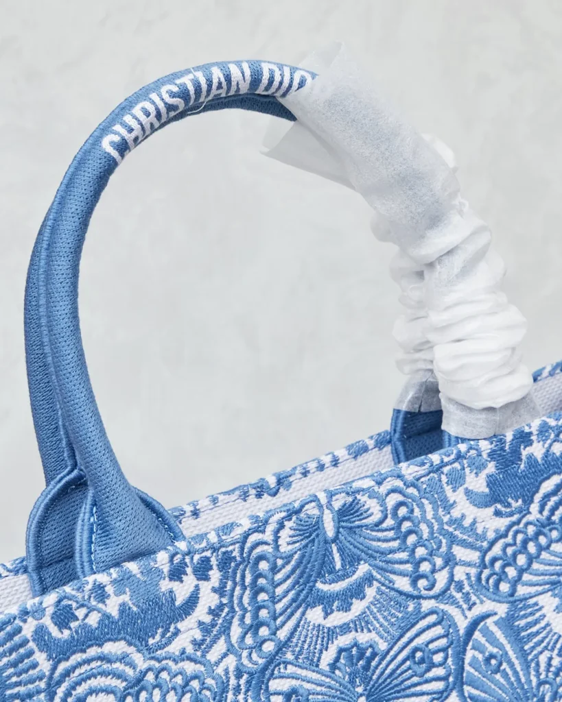 Blue Butterfly Pattern Tote — handle detail view