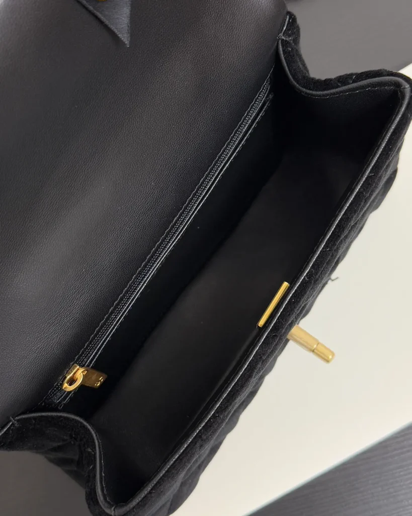 Black Bow-Detail Quilted Top-Handle Bag — interior view