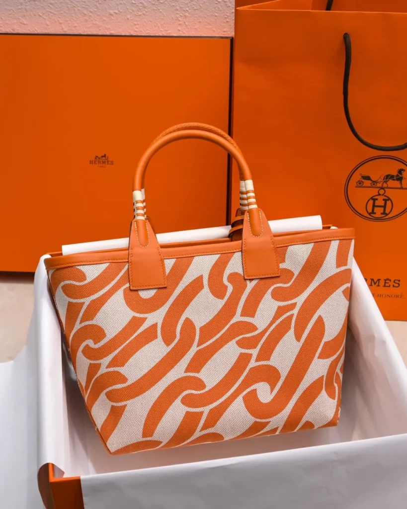 Steeple-Inspired Orange Patterned Canvas Tote, front view