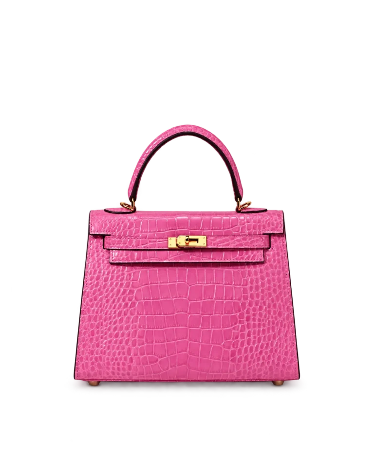 Kelly-Inspired Pink Croc-Pattern Top-Handle Bag, front with top handle