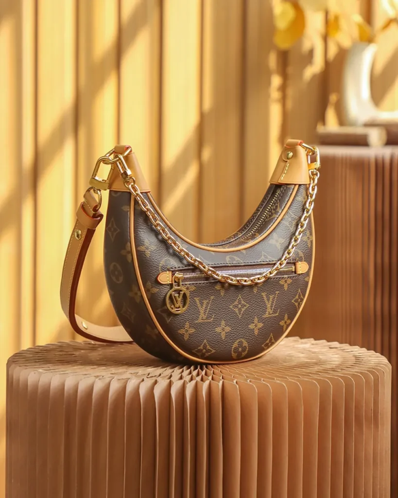 Brown Monogram Crescent Chain Shoulder Bag — three quarter view