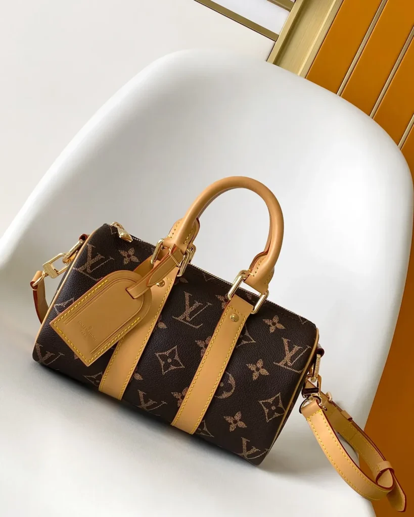 Brown Monogram Tan-Trim Duffle — three quarter view