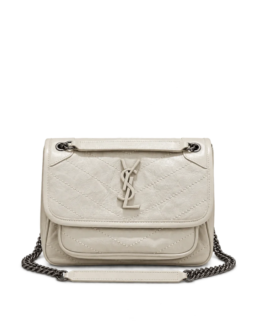 Ivory Crinkled Chevron Chain Bag — upright front view