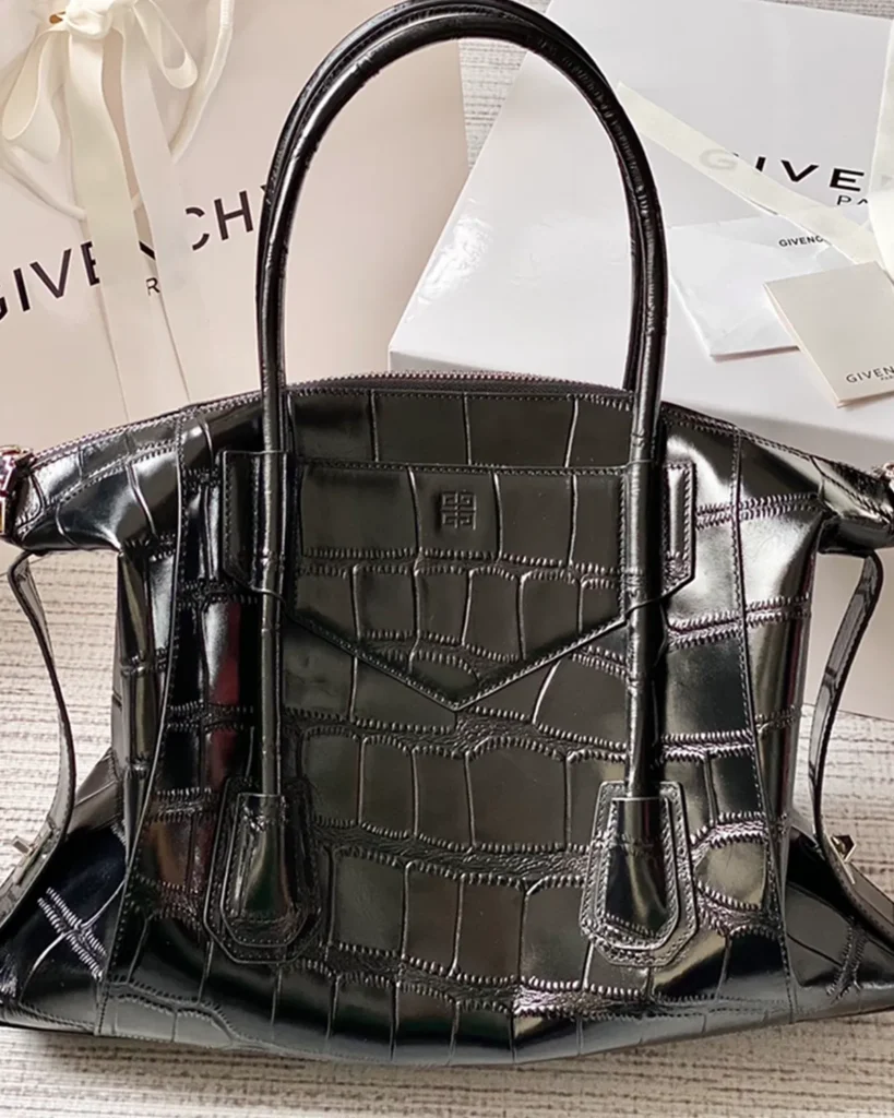 Black Scale-Pattern Padlock Handbag — rear