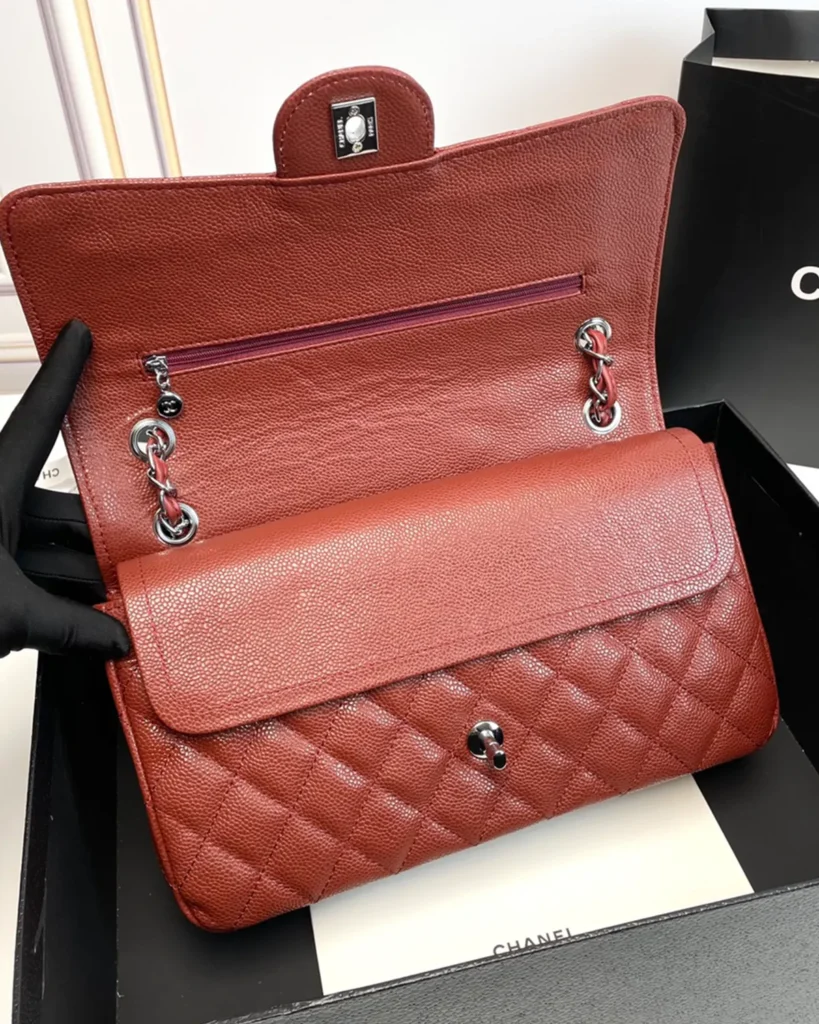 Rust Red Quilted Chain Flap Bag — open flap view