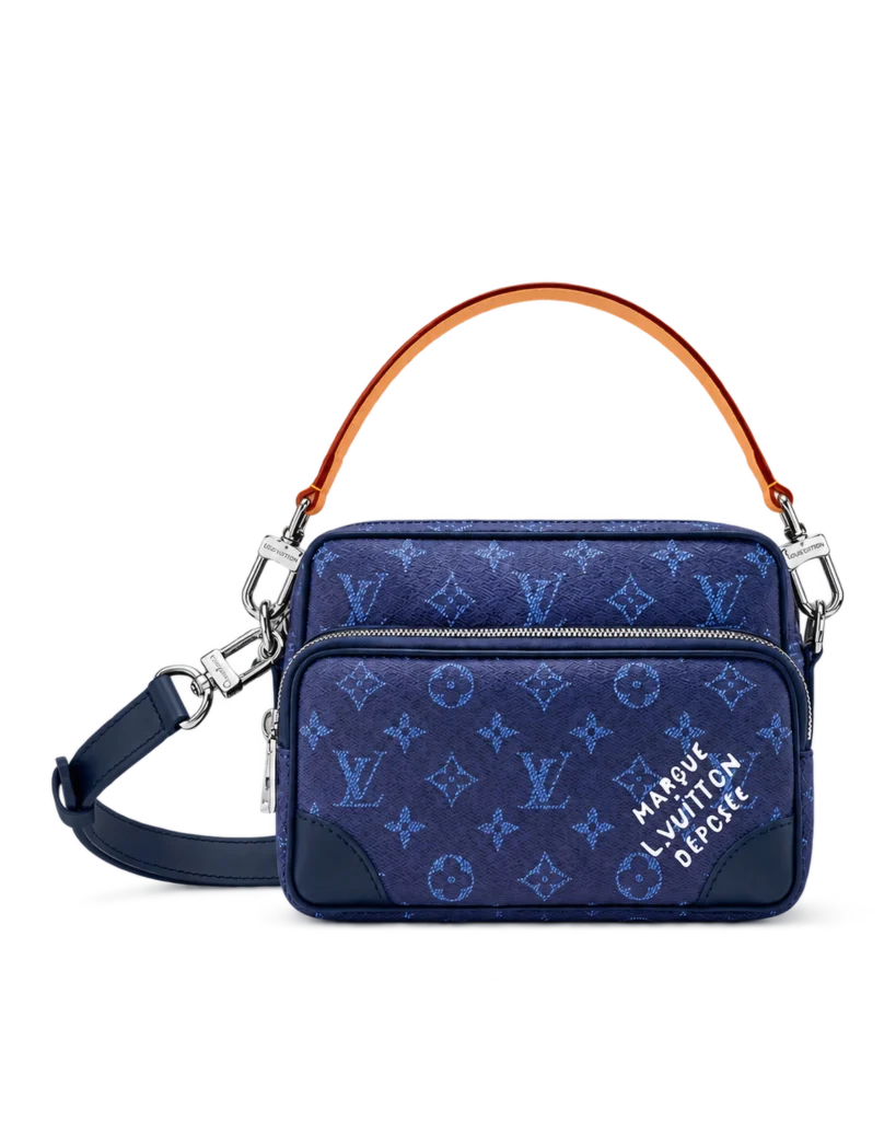 Blue Monogram Dual Zip Camera Bag — upright front view