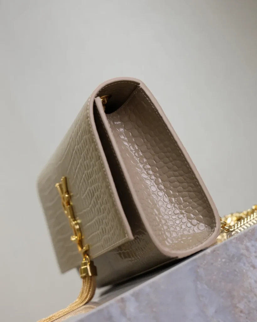 Taupe Embossed Tassel Chain Bag — side view