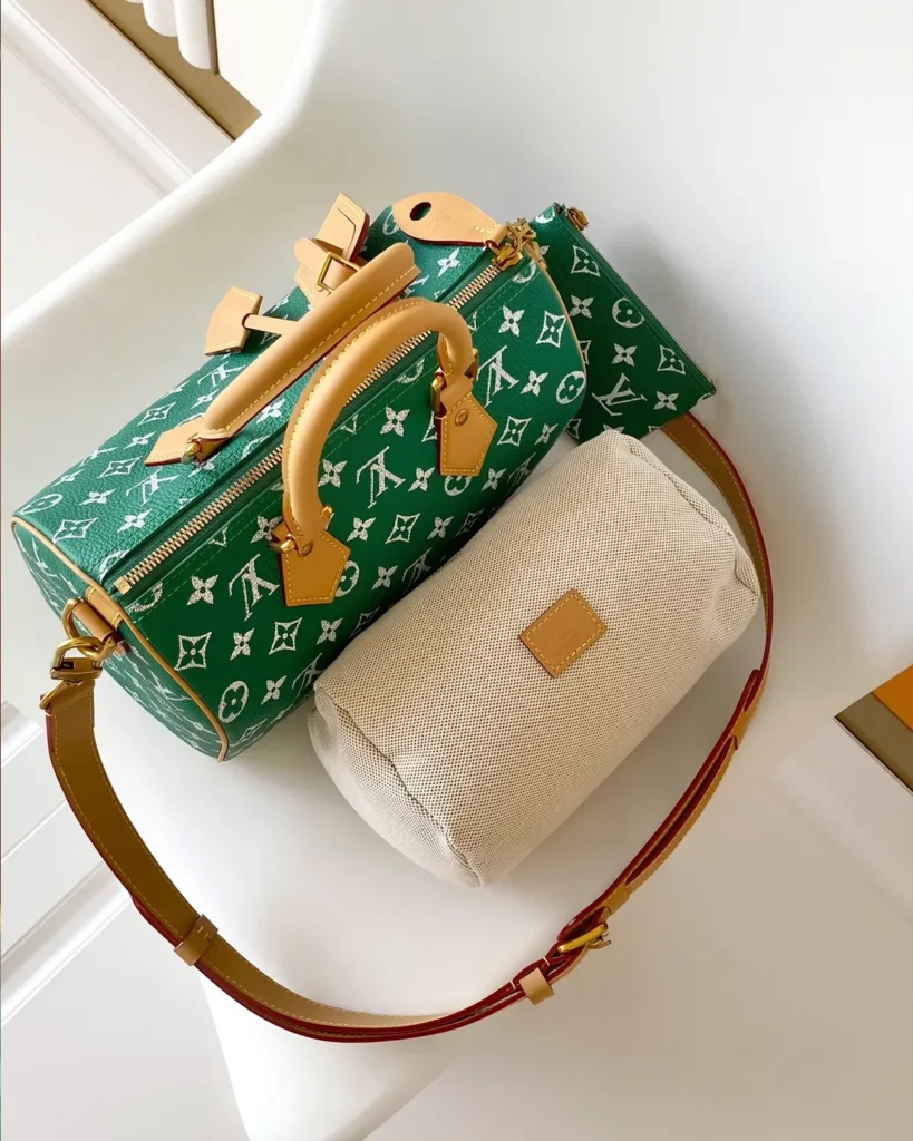 Green and White Monogram Duffle Bag — pouch view view
