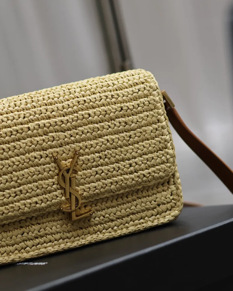 Straw-Tone Woven Flap Bag with Brown Strap — logo detail view