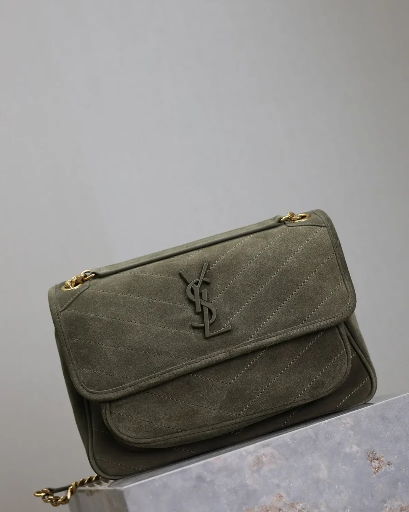 Olive Chevron Chain Flap Bag — angled front view