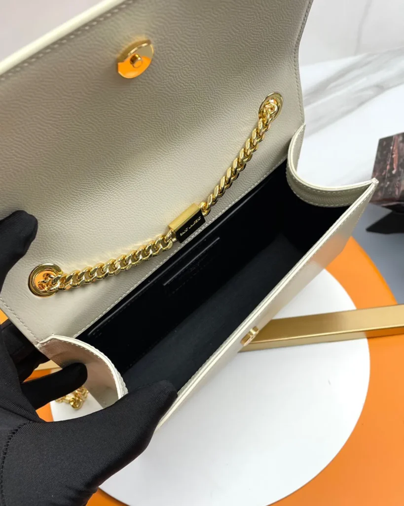 Cream Rectangular Chain Flap Bag — interior view