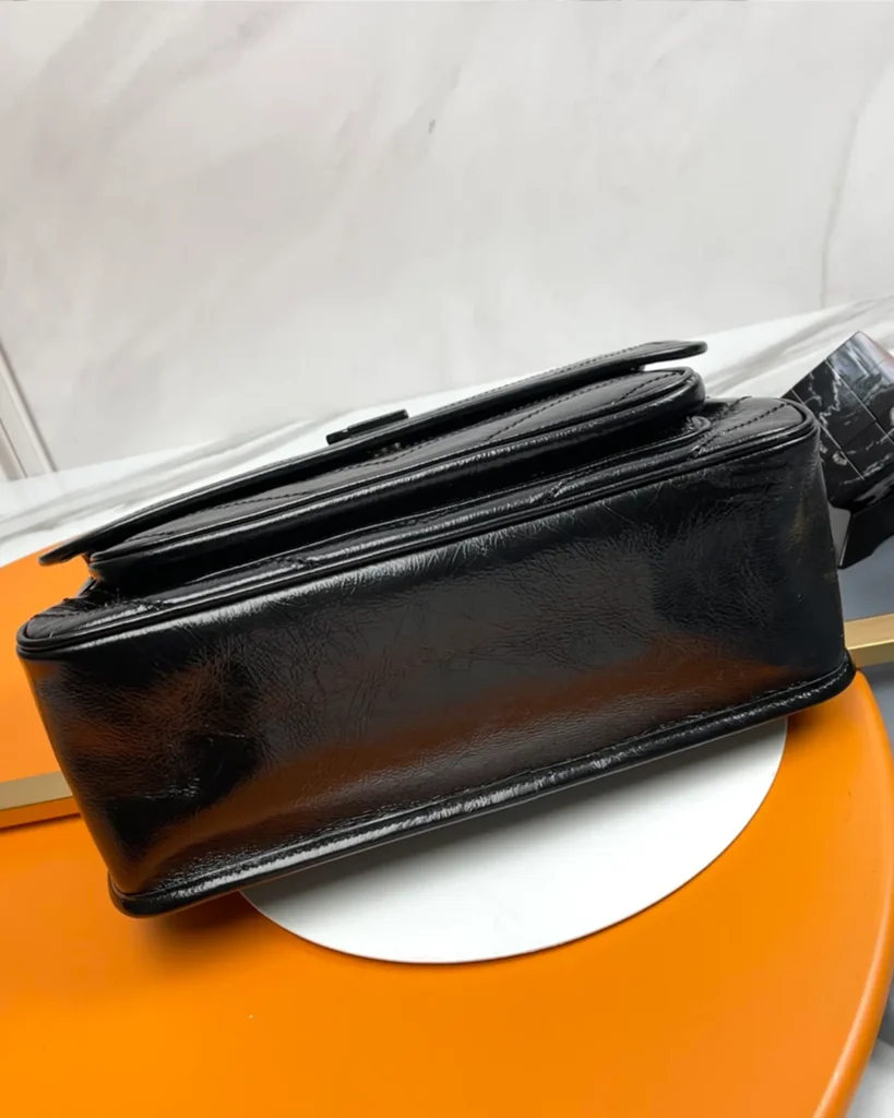 Black Crinkled Chevron Flap Shoulder Bag — base view