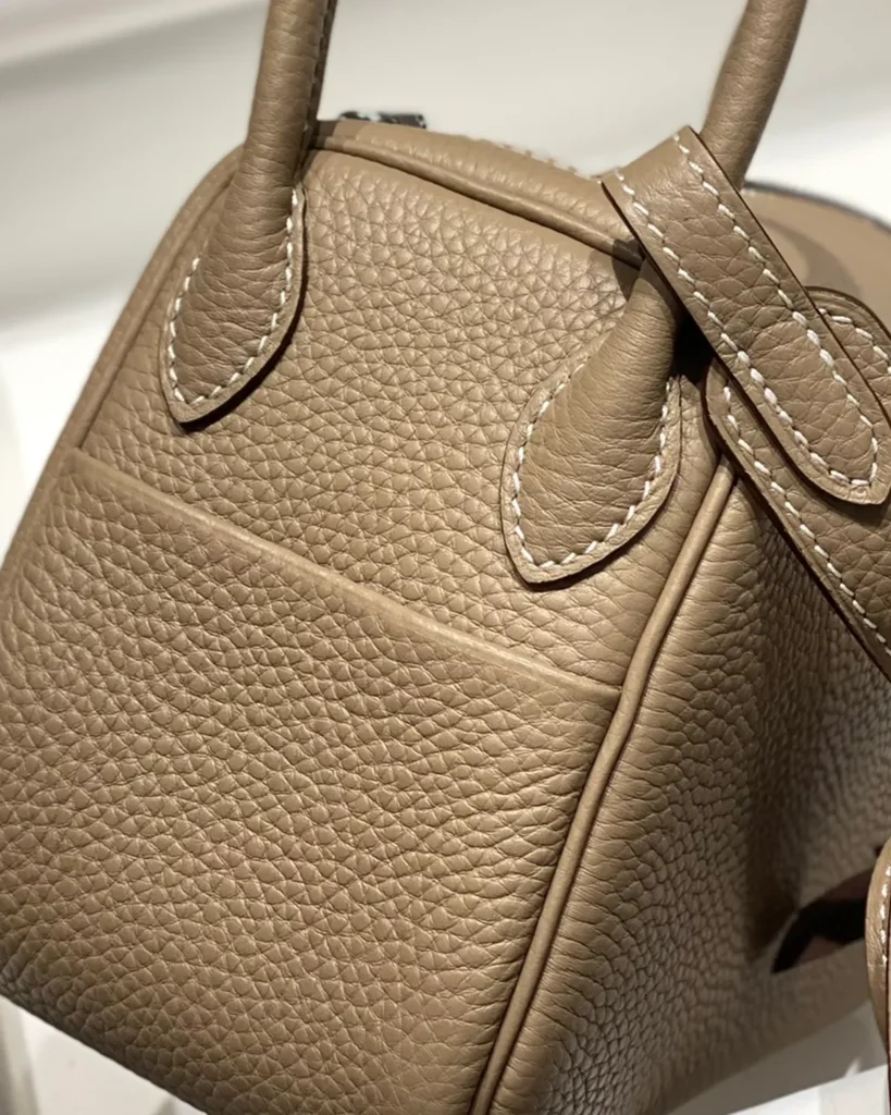 Lindy-Inspired Mini Taupe Crossbody Bag, handle tabs and rear slip pocket