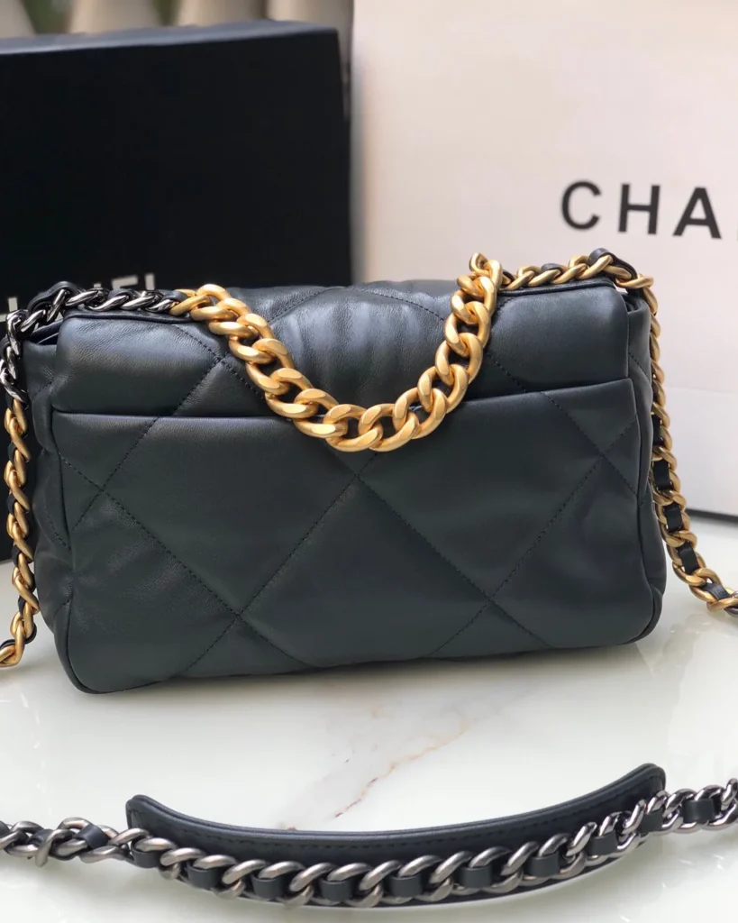 Black Quilted Mixed-Chain Flap Bag — rear view