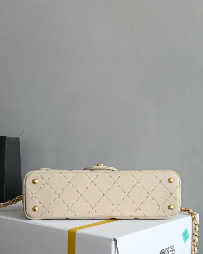 Pale Beige Quilted Top-Handle Flap Bag — base view