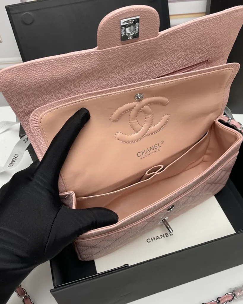 Pink Quilted Silver-Tone Chain Flap Bag — interior view