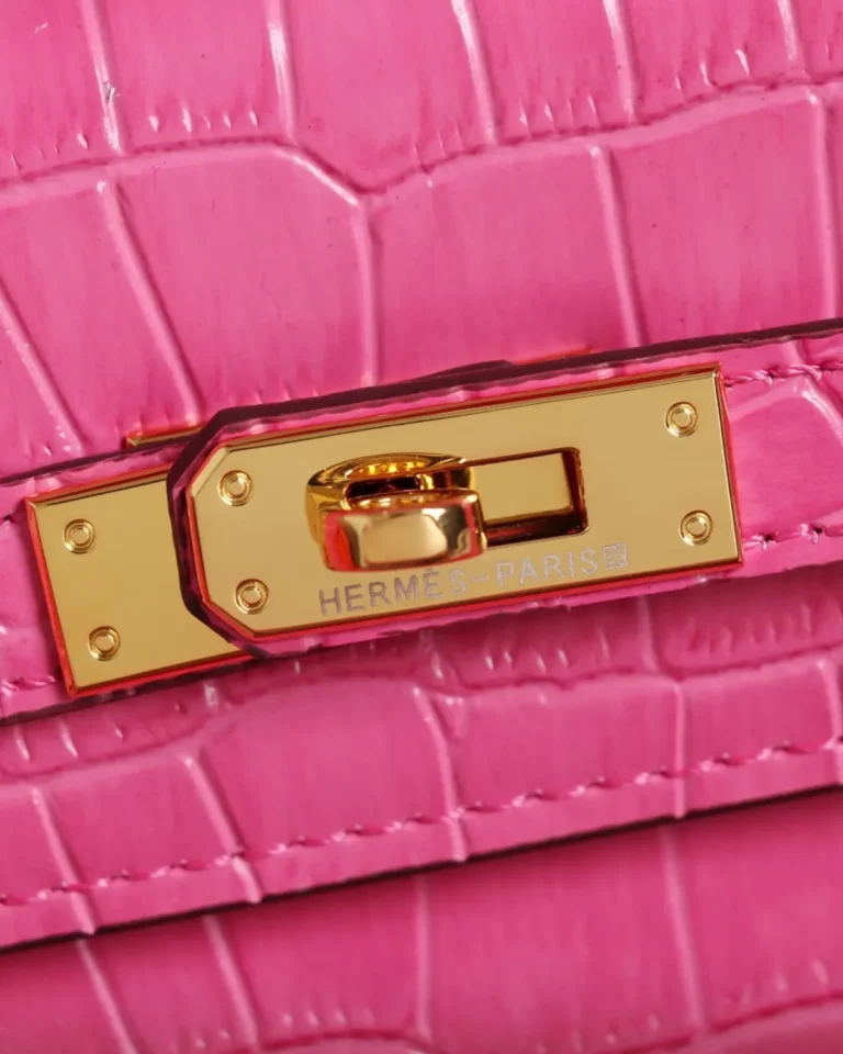Kelly-Inspired Pink Croc-Pattern Top-Handle Bag, gold-tone clasp close-up