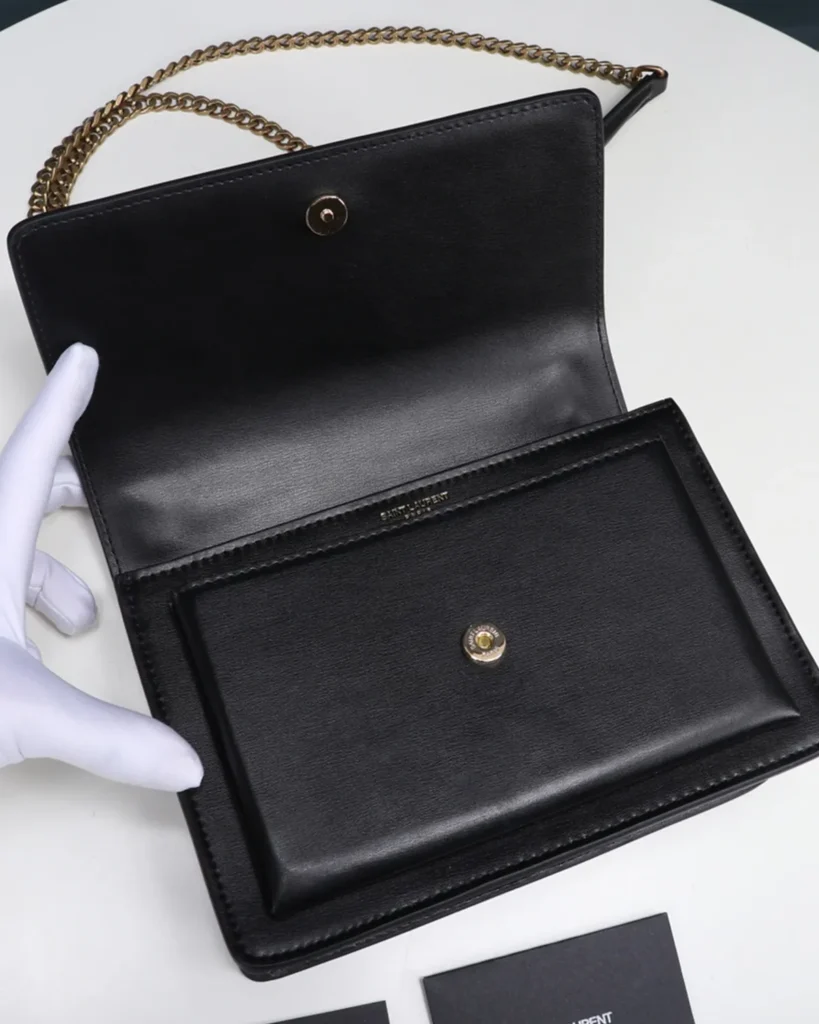 Black Accordion Chain Flap Bag — open flap view