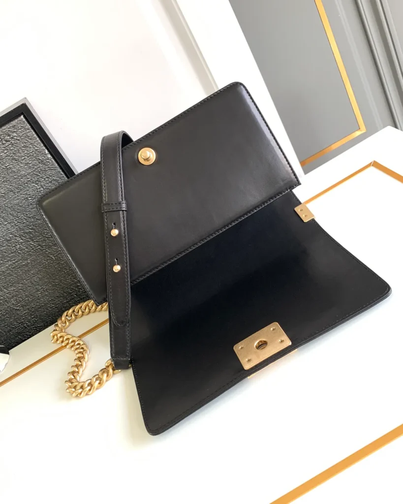 Black Quilted Frame Flap Chain Bag — open flap view