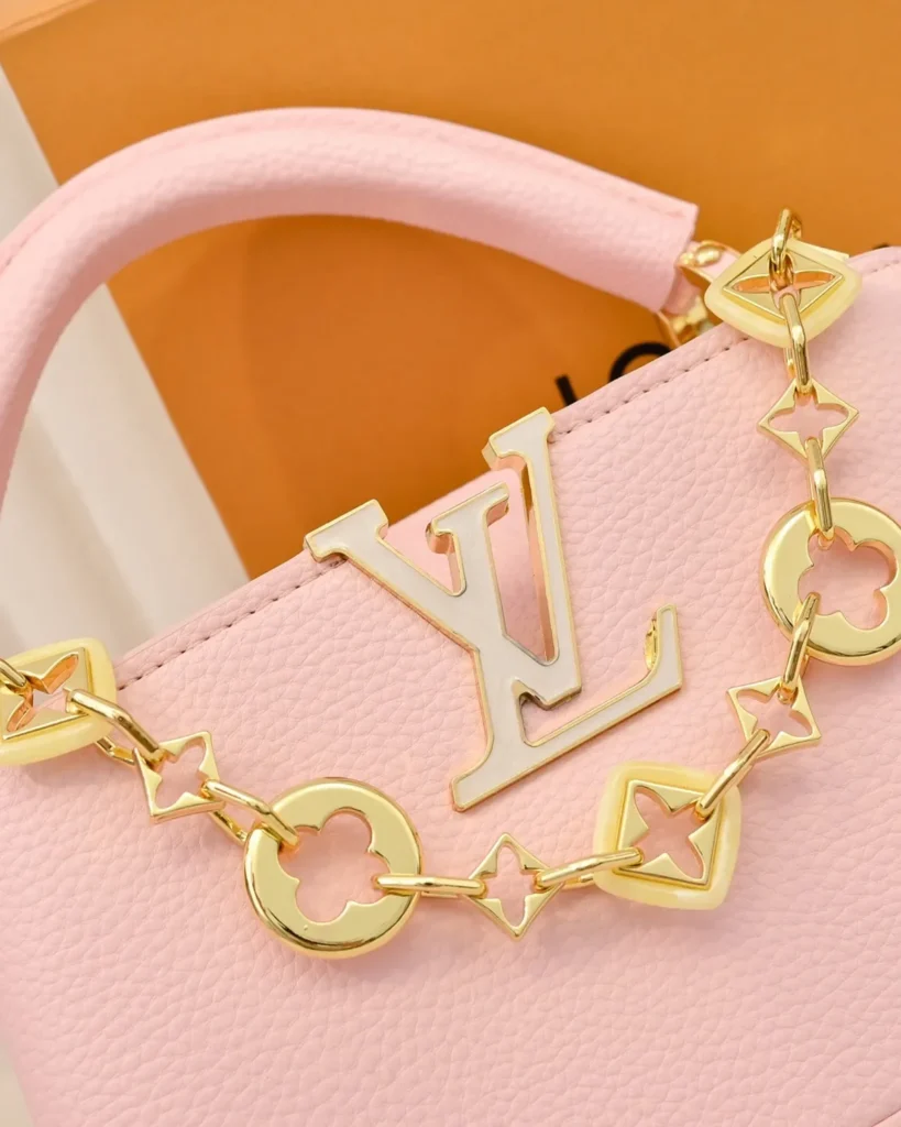 Pink Floral-Chain Top-Handle Bag — chain detail view
