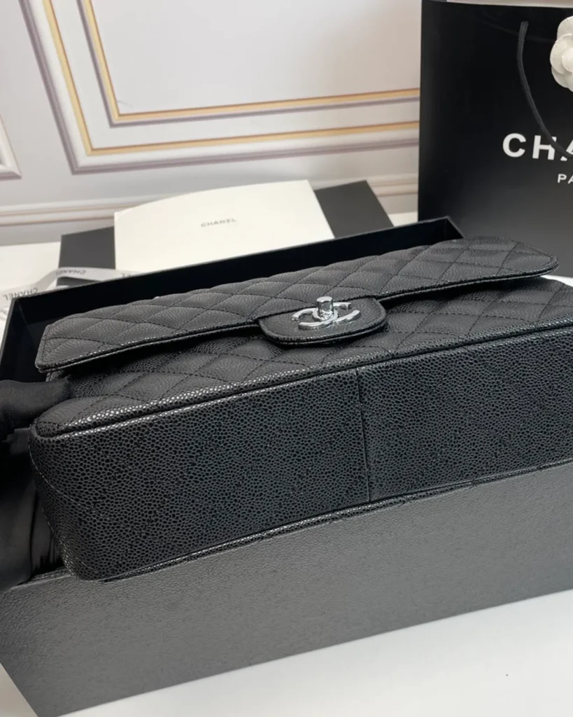 Black Quilted Silver-Tone Chain Flap Bag — base view