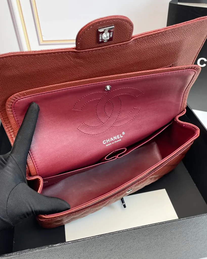 Rust Red Quilted Chain Flap Bag — interior view
