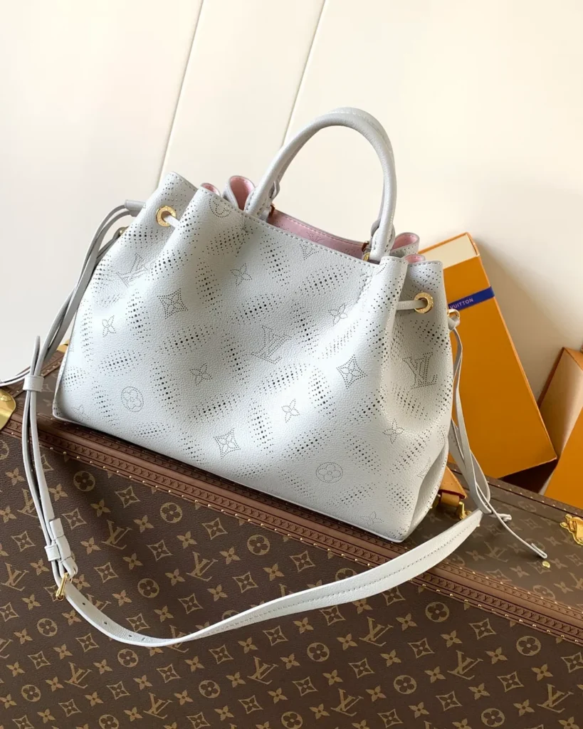 Pale Gray Perforated Monogram Chain Tote — rear view