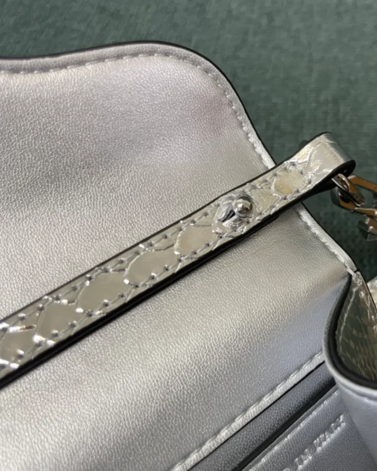 Silver Scale-Pattern Top-Handle Flap Bag — open flap view