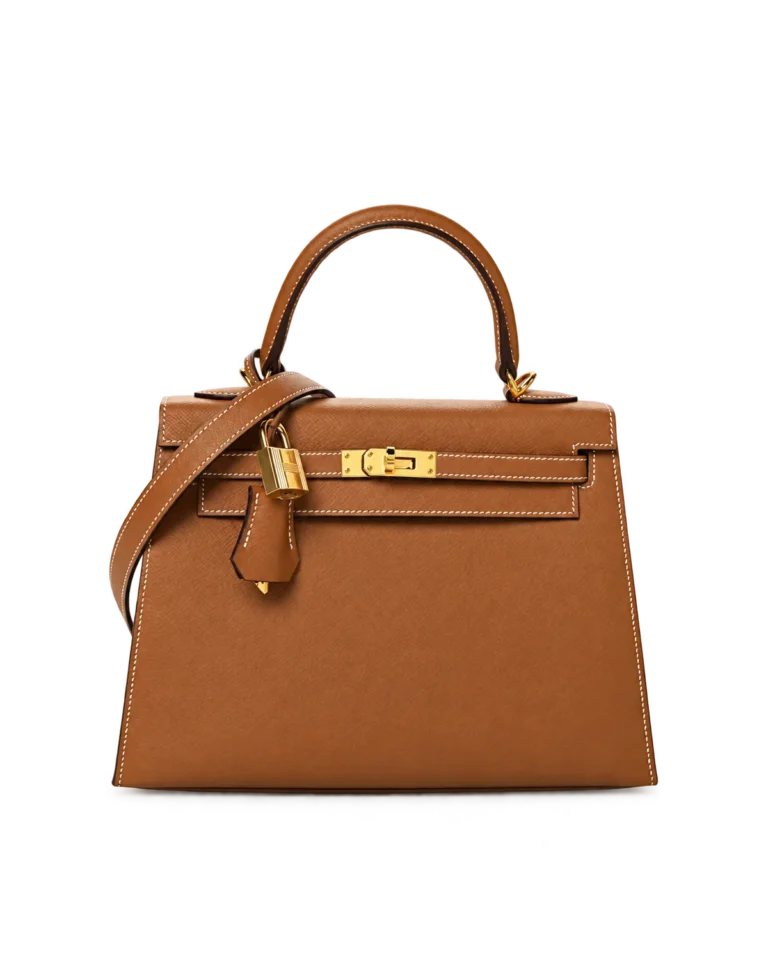 Kelly-Inspired 25 Gold Tan Structured Bag, front with hanging hardware